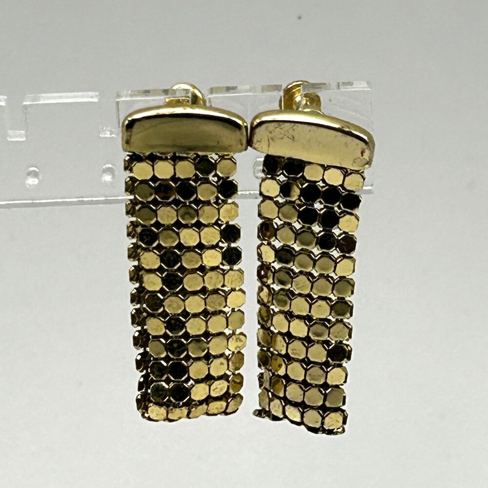 Vintage Mesh Gold Tone Clip On 1960s Liquid Gold Earrings Retro Dangle